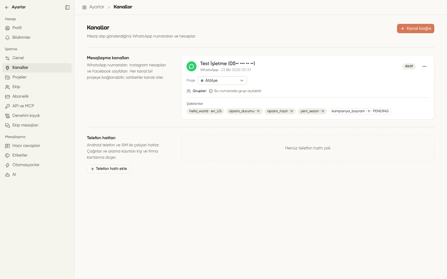 WhatsApp kanalında Şablonları senkronla ve Şablonlar alanları