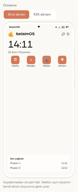 Panelin Android telefon çerçeveli ana ekran önizlemesinde üst çubuk, pil, uygulama karoları, saat ve son çağrılar