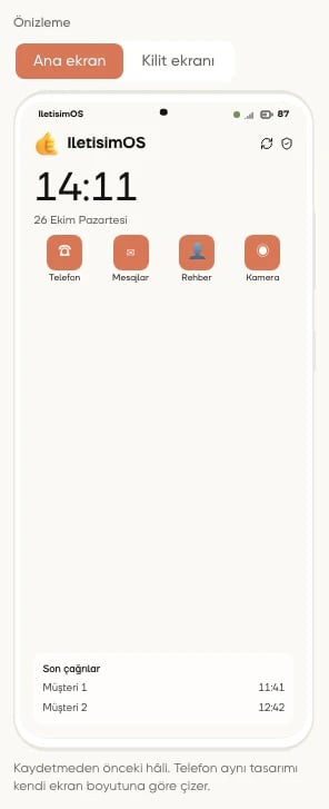 Panelin Android telefon çerçeveli ana ekran önizlemesinde üst çubuk, pil, uygulama karoları, saat ve son çağrılar