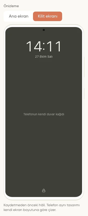 Düzenleyicide Ana ekran ve Kilit ekranı sekmeleri ile Android telefon çerçevesindeki kilit ekranı önizlemesi