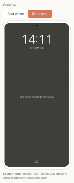 Düzenleyicide Ana ekran ve Kilit ekranı sekmeleri ile Android telefon çerçevesindeki kilit ekranı önizlemesi