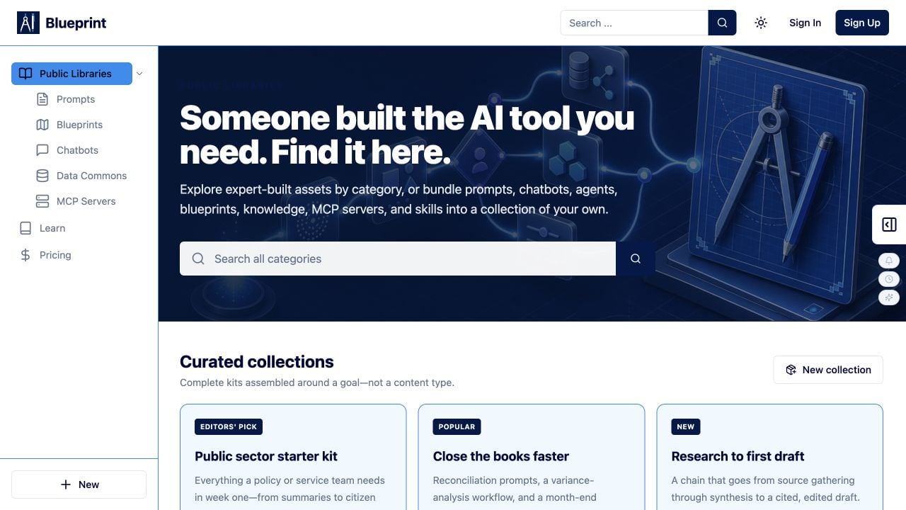 Blueprint Public Libraries showing collections, categories, and asset types