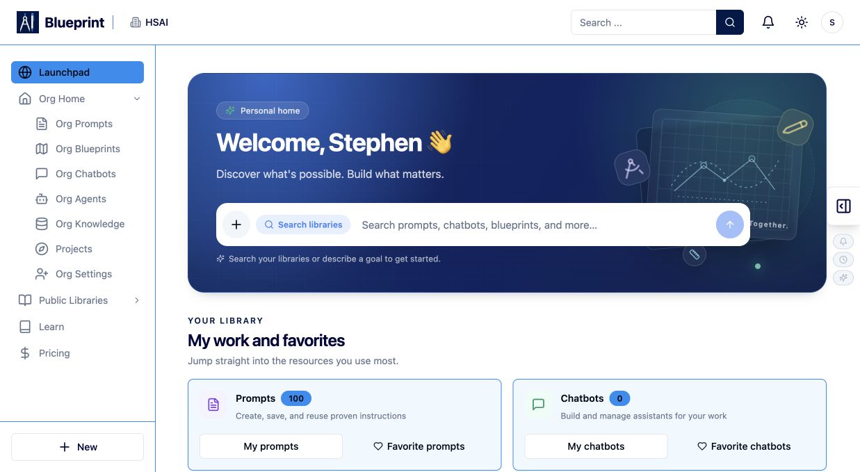 Blueprint signed-in dashboard with Launchpad selected and Org Home, organization libraries, Public Libraries, and New visible in the navigation.