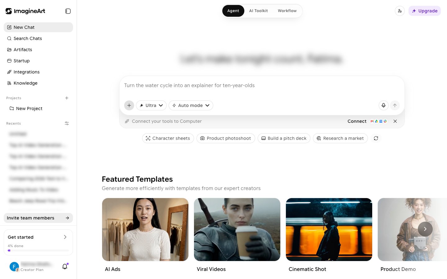 Imagine Computer Agent home with the Agent, AI Toolkit, and Workflow tabs, the prompt box with the Ultra and Auto mode controls next to +, prompt suggestions, and Featured Templates