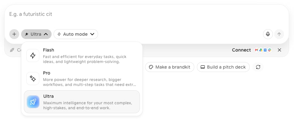 Model tier dropdown open below the Ultra button in the prompt box, next to the Auto mode button, showing Flash, Pro, and Ultra with their descriptions