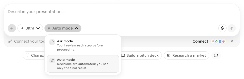 Run mode dropdown open below the Auto mode button, next to Ultra in the prompt box, showing Ask mode and Auto mode with their descriptions, with Auto mode selected