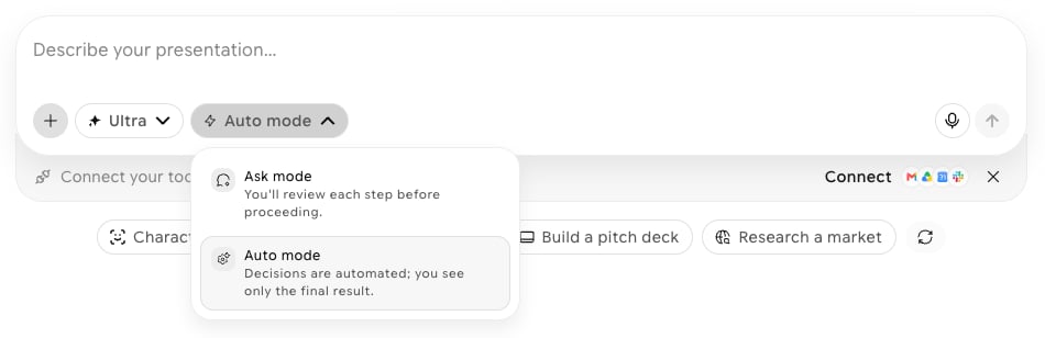 Run mode dropdown open below the Auto mode button, next to Ultra in the prompt box, showing Ask mode and Auto mode with their descriptions, with Auto mode selected