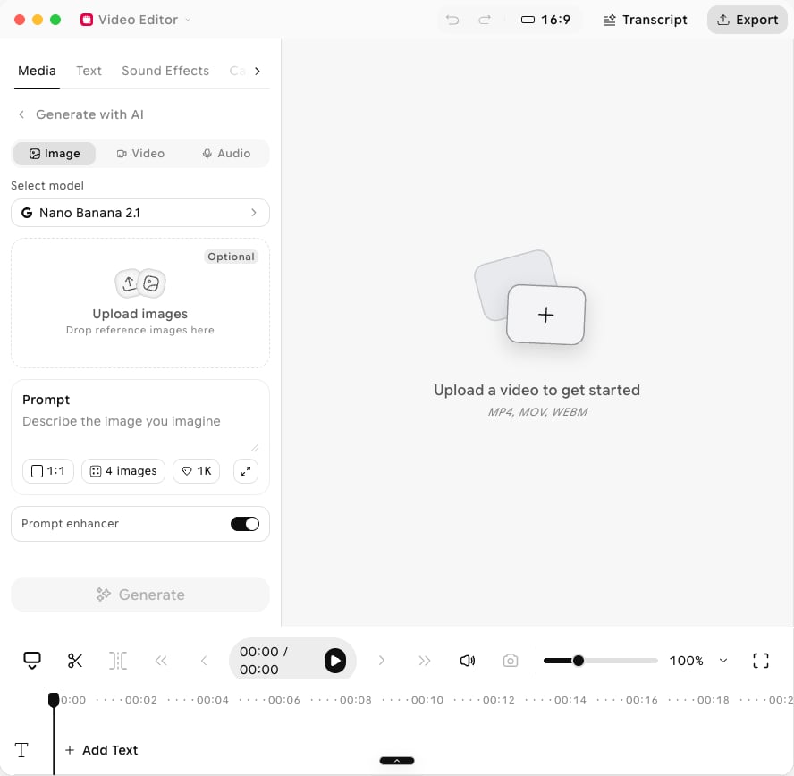 Video Editor with the Generate with AI panel open on the Image tab, showing the Nano Banana 2.1 model, the optional Upload images box, the Prompt box with 1:1, 4 images, and 1K settings, the Prompt enhancer toggle, and the Generate button above the timeline