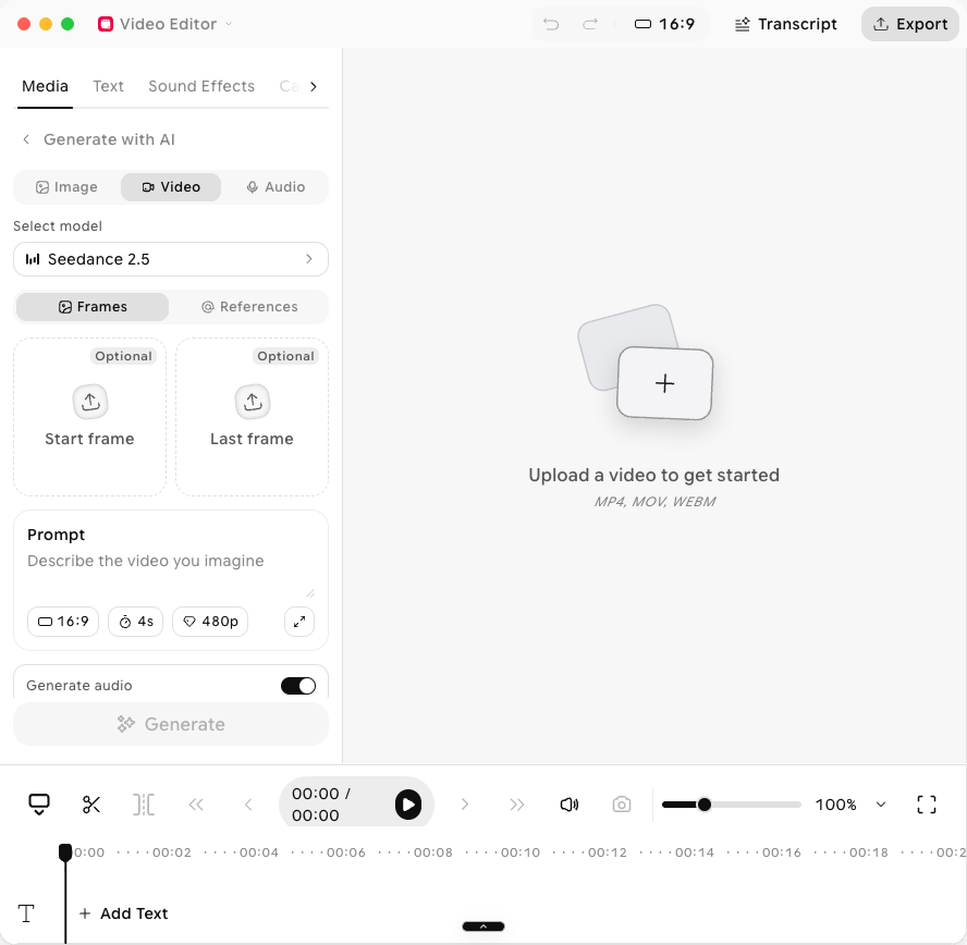 Generate with AI panel on the Video tab, showing the Seedance 2.5 model, Frames and References tabs, optional Start frame and Last frame boxes, the Prompt box with 16:9, 4s, and 480p settings, the Generate audio toggle, and the Generate button