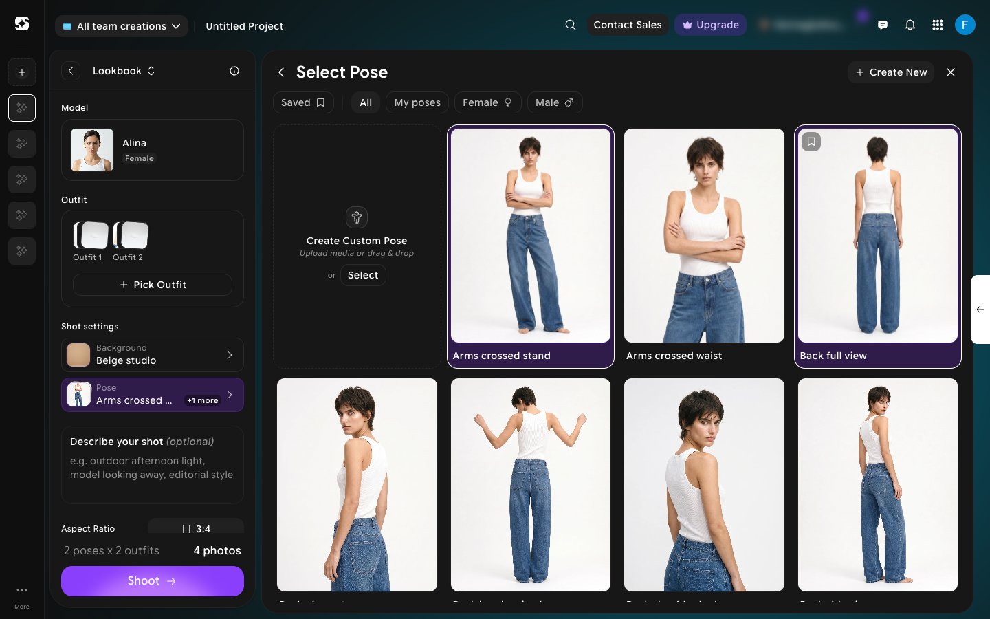 Select Pose panel with two poses selected and a summary reading 2 poses x 2 outfits, 4 photos above the Shoot button