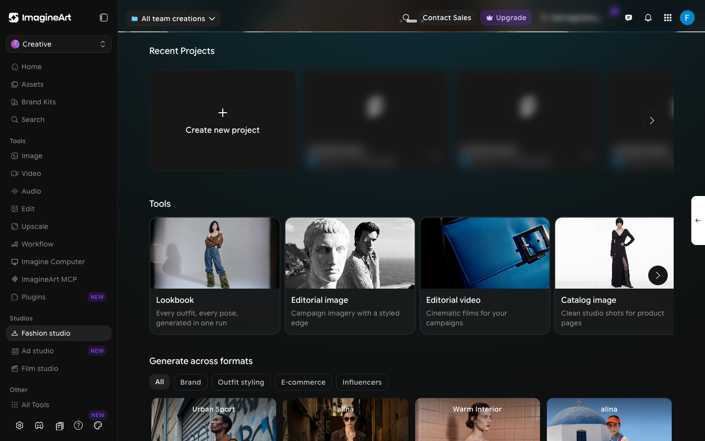 Fashion Studio home with Recent Projects and the Tools row showing Lookbook, Editorial image, Editorial video, and Catalog image