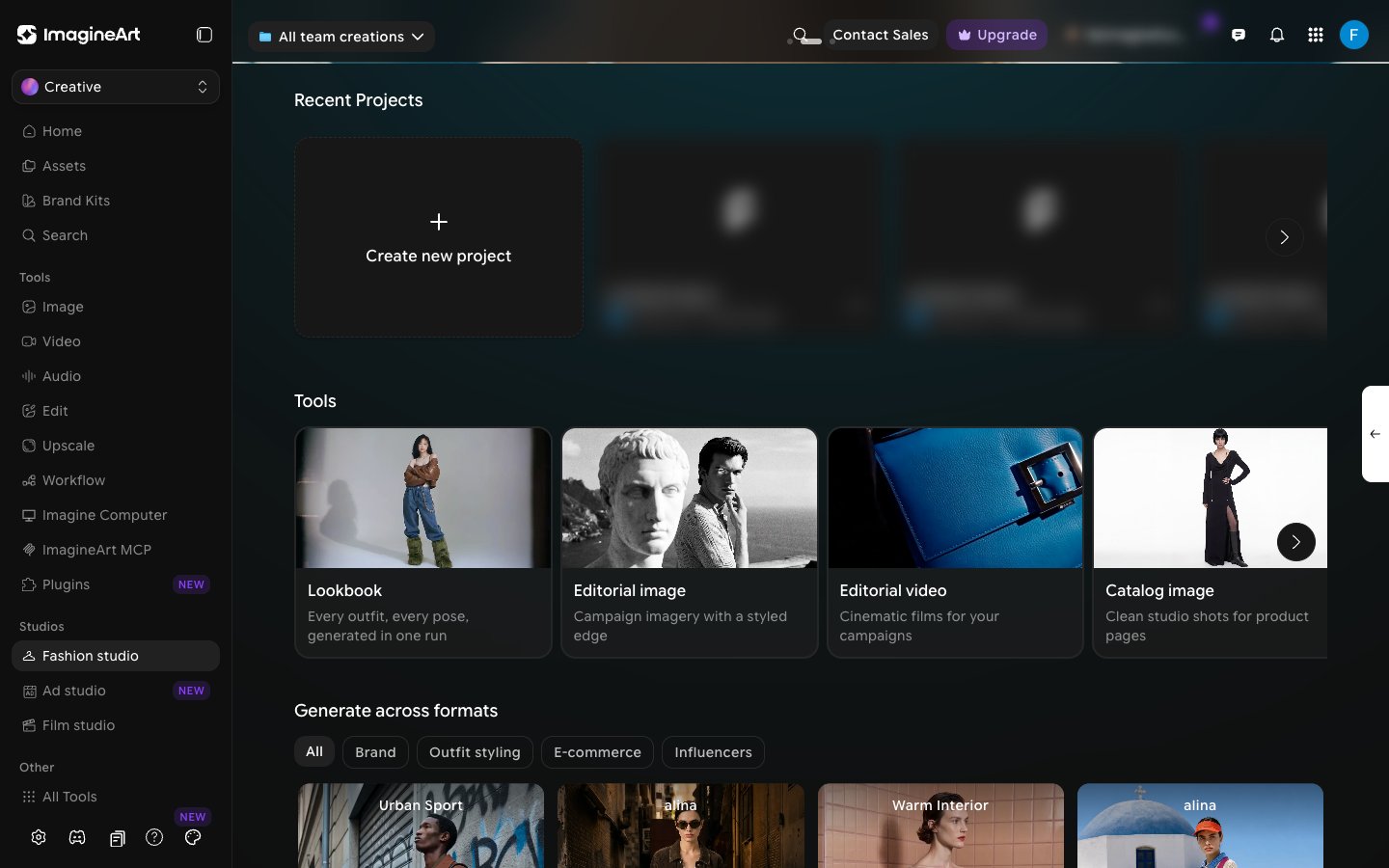 Fashion Studio home with Recent Projects and the Tools row showing Lookbook, Editorial image, Editorial video, and Catalog image