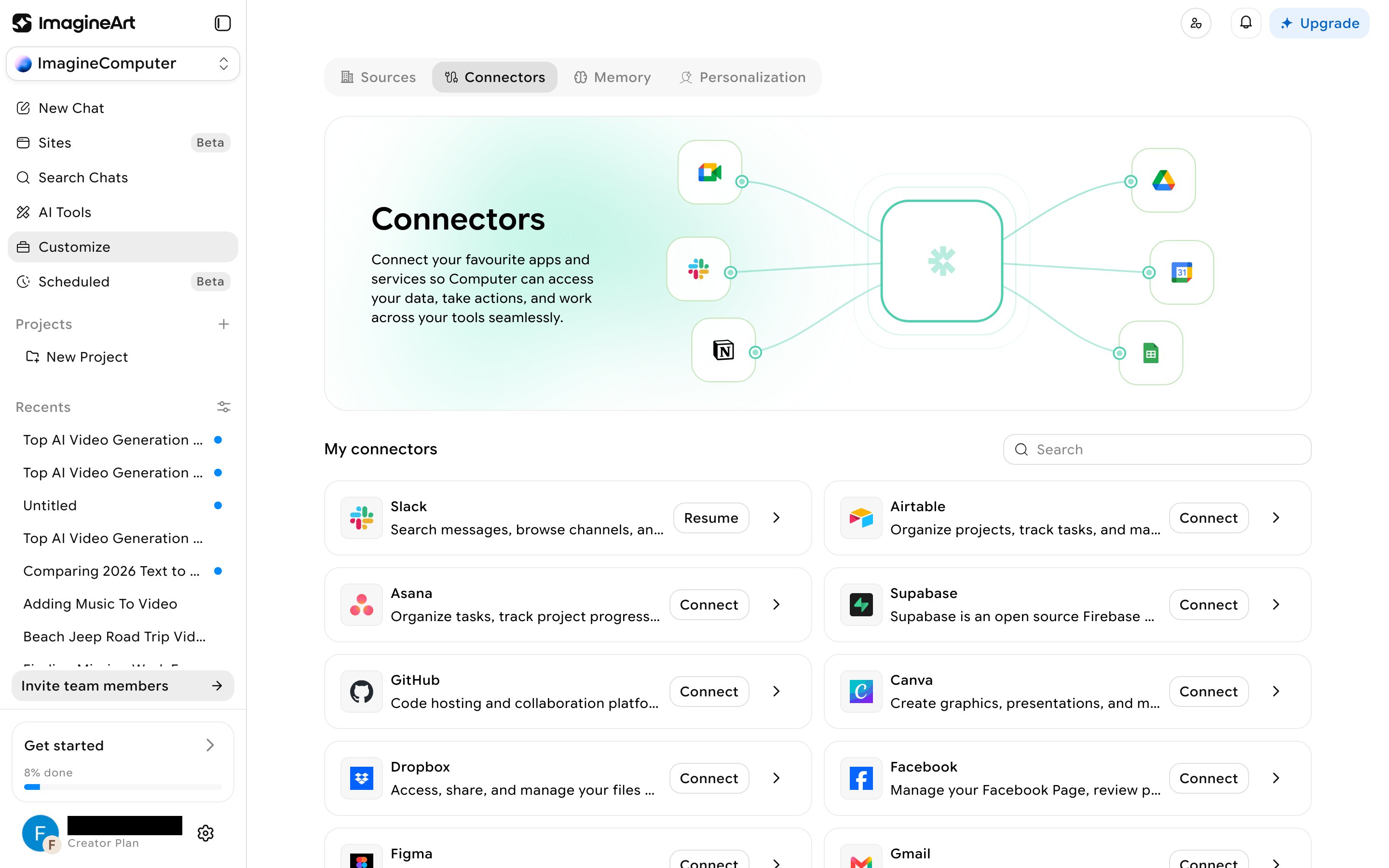 Connectors hub showing a searchable grid of 33 real integrations like Slack, Notion, Gmail, and GitHub