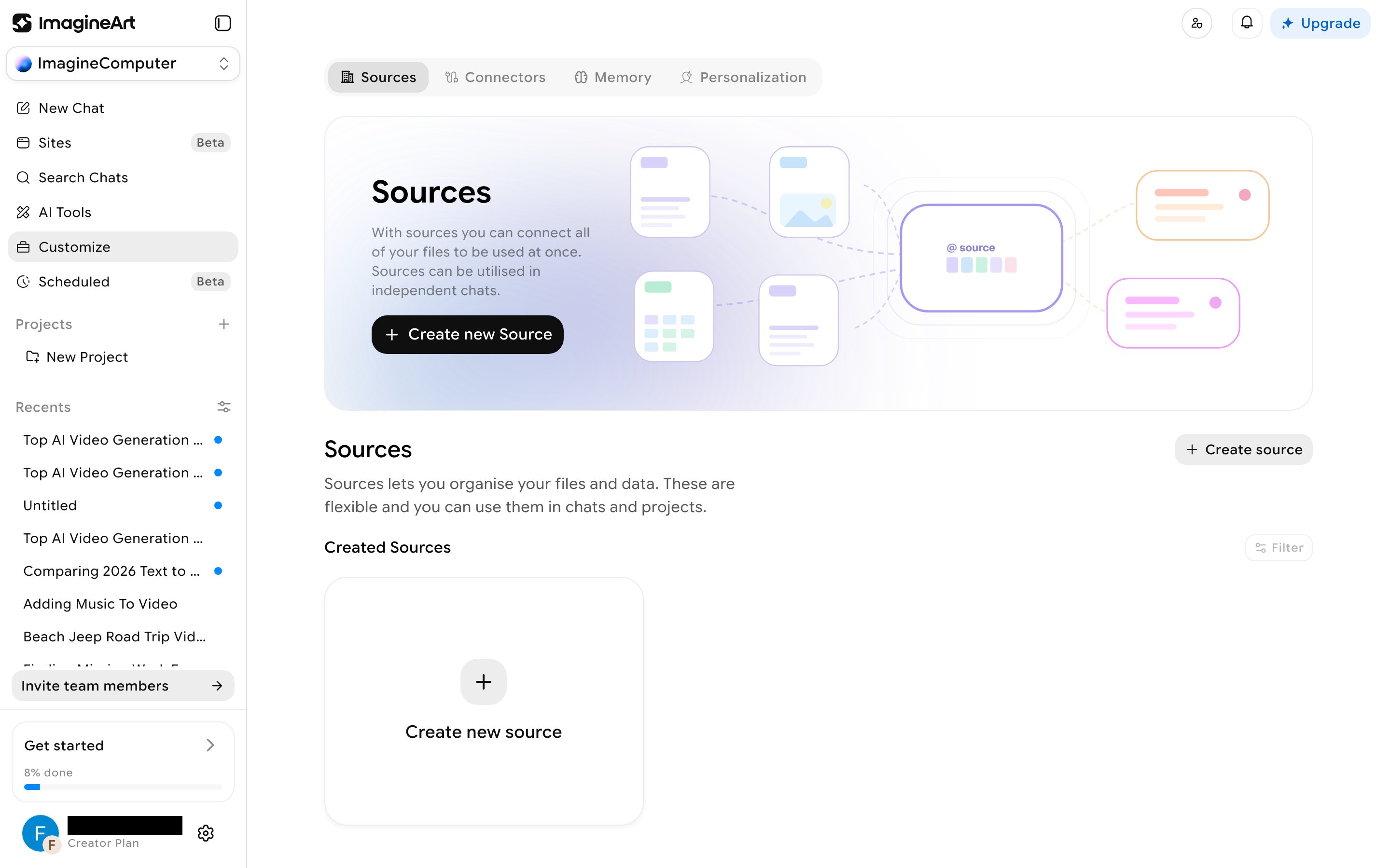 Sources tab for uploading files to reference in any chat