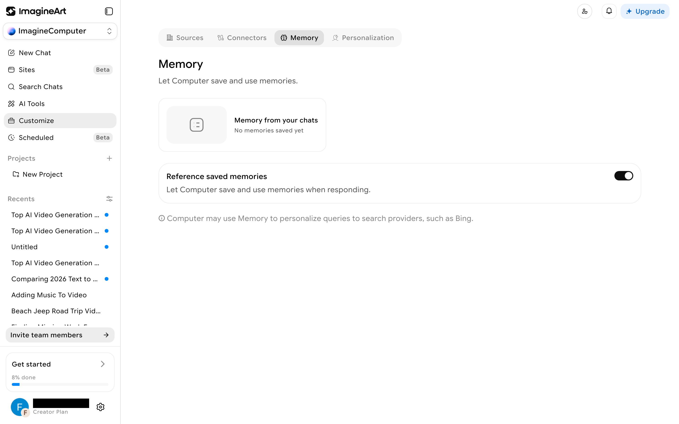 Memory tab with a Reference saved memories toggle and a panel of facts extracted from past chats