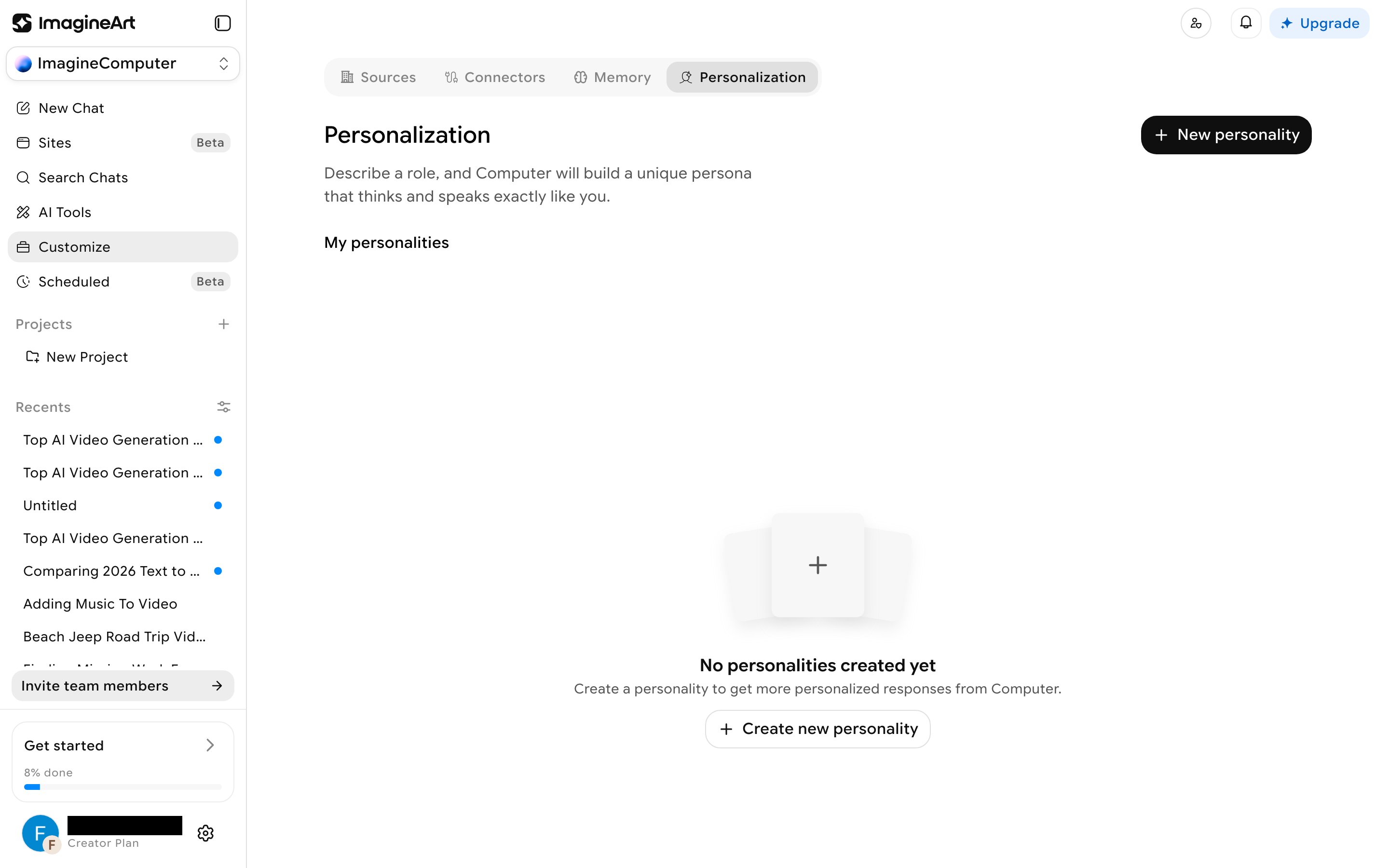 Personalization tab showing the custom personality builder