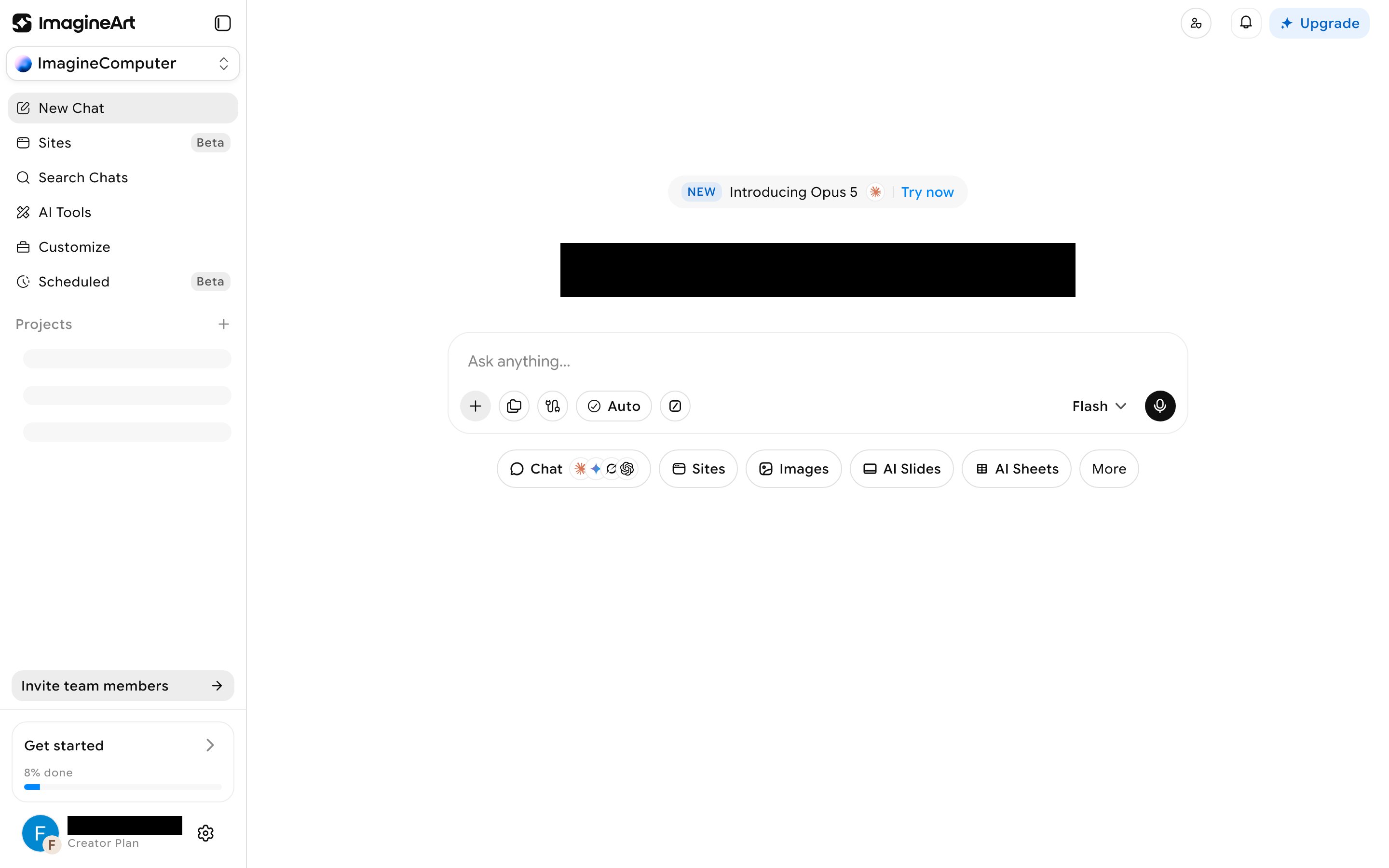 Imagine Computer chat home showing the sidebar, prompt bar with model tier and run-mode controls, and mode pills
