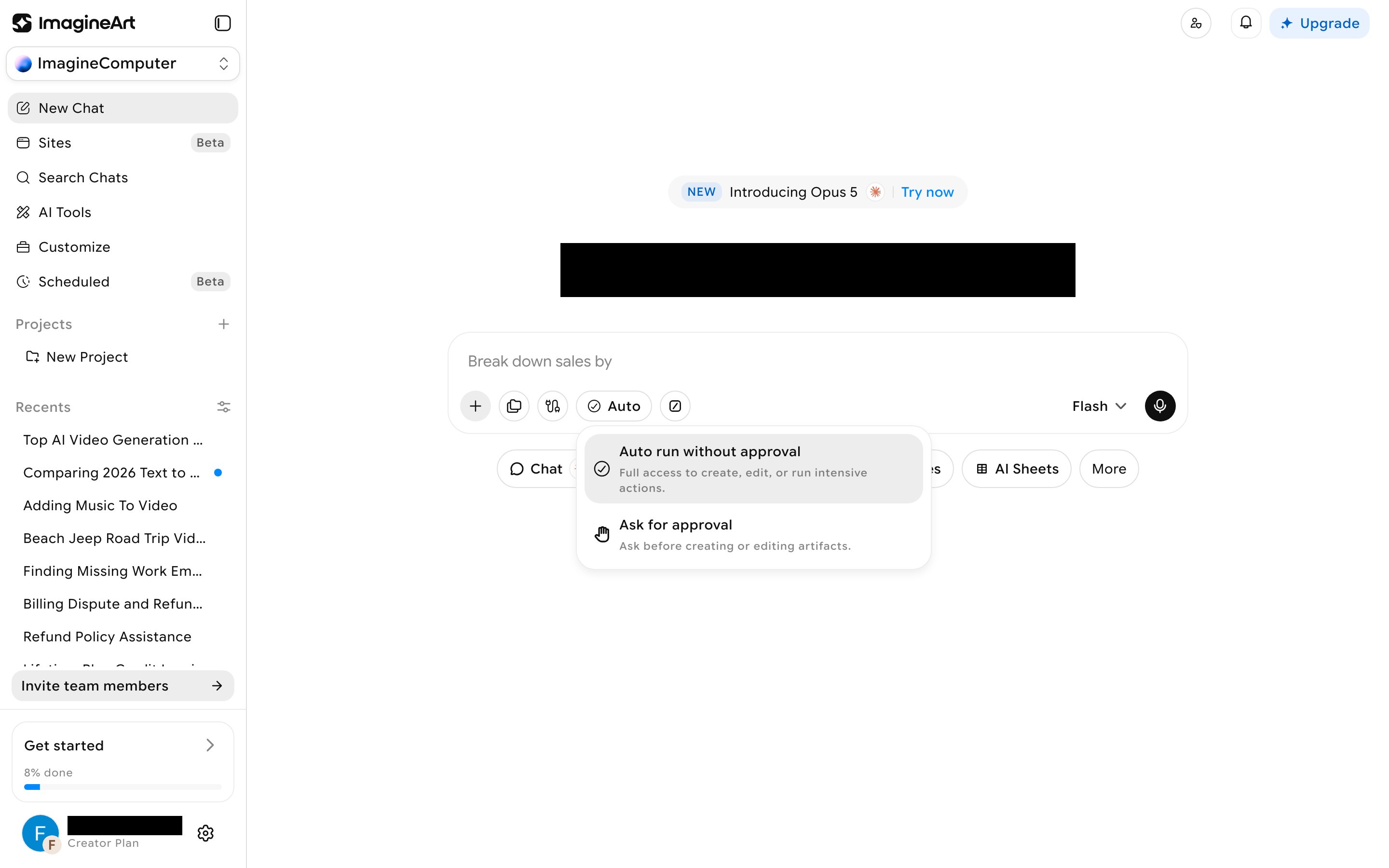 Run mode dropdown showing Auto run without approval and Ask for approval options with their descriptions