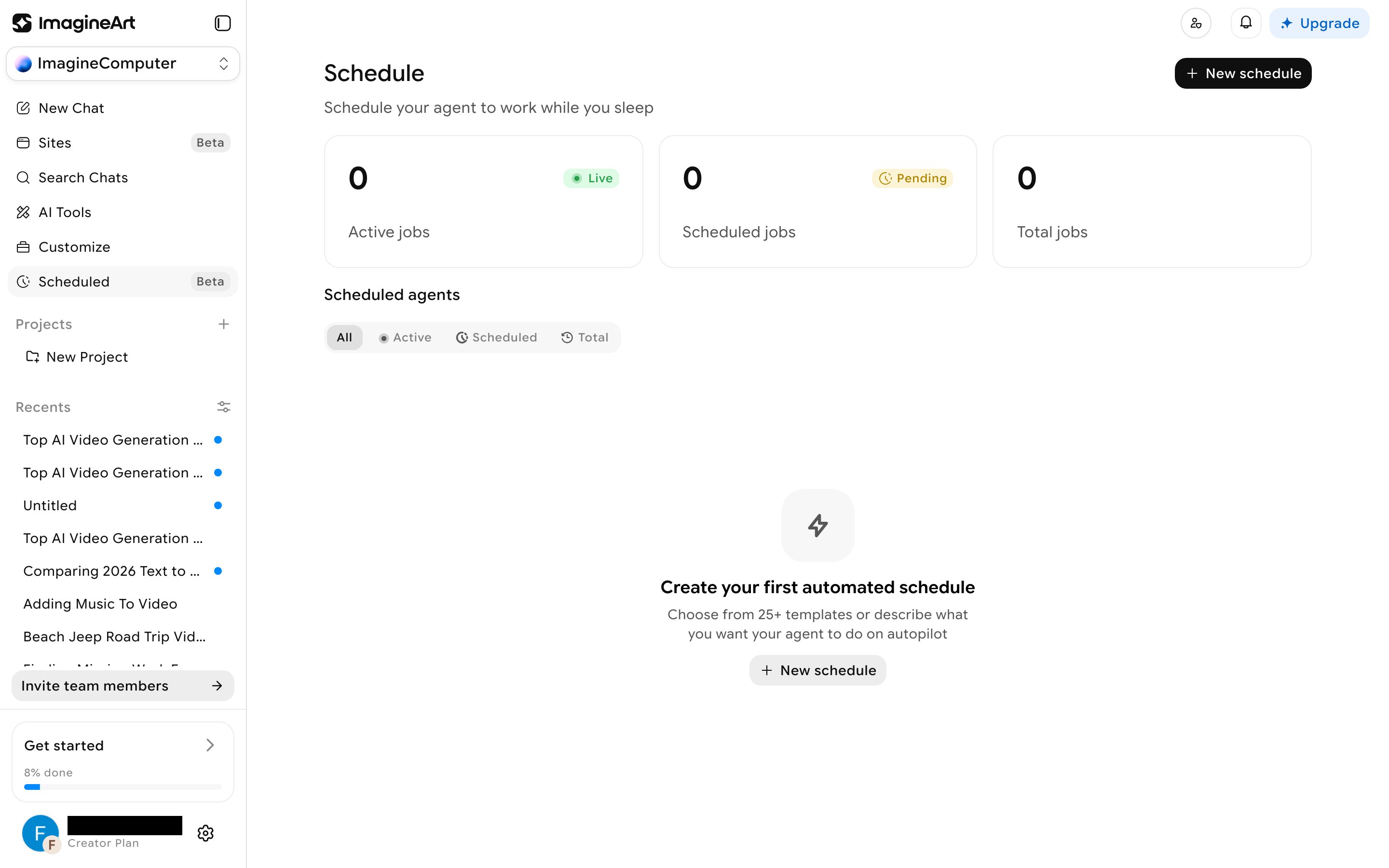 Scheduled tasks list showing active, pending, and total counts