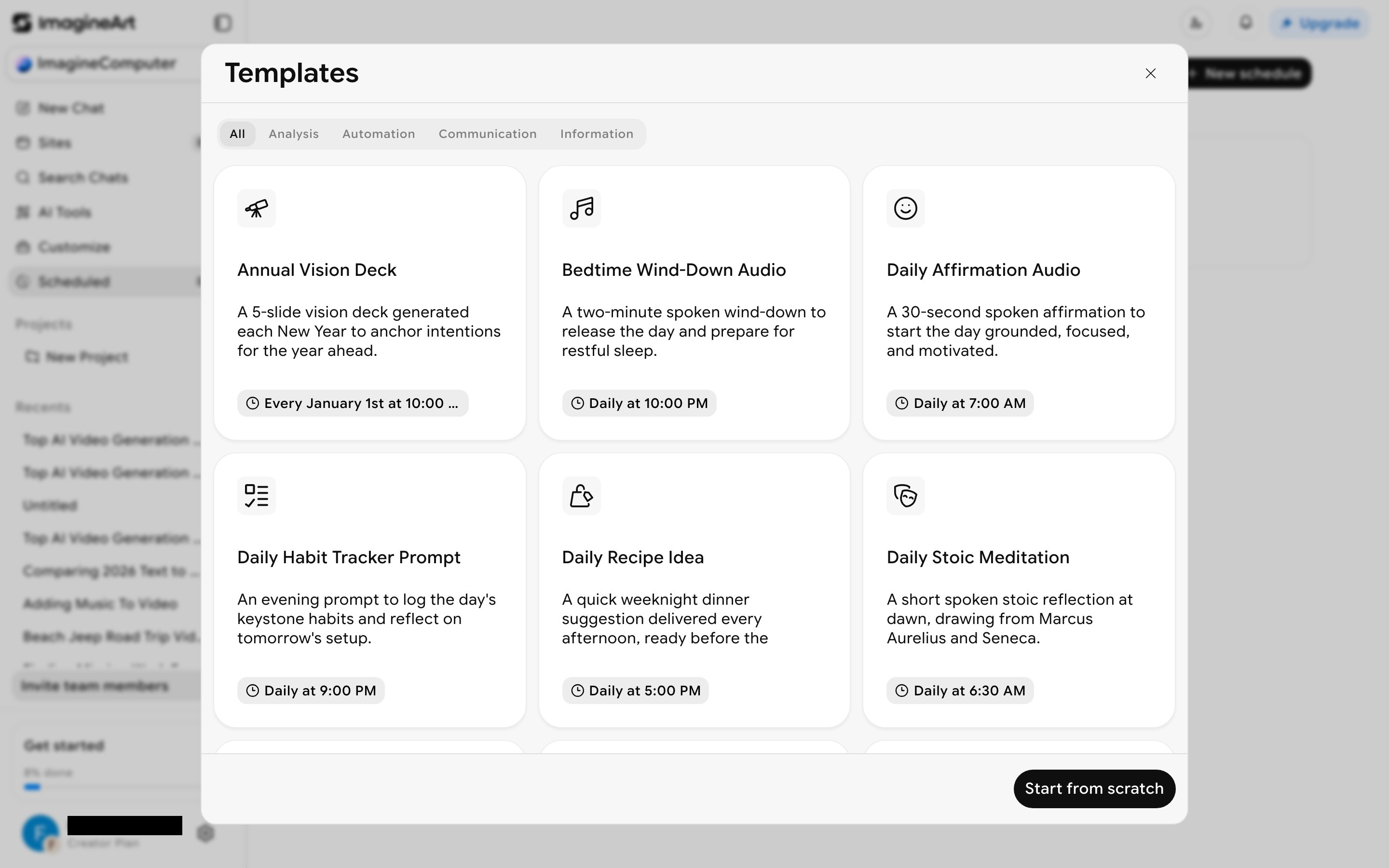 Templates modal with category tabs and 24+ named recurring task templates