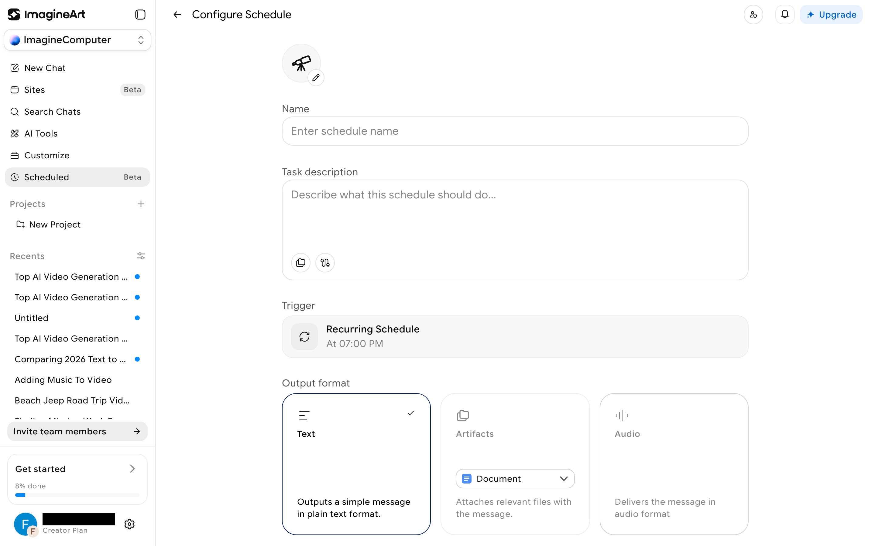 Create schedule form with Name, Task description, Trigger, Output format, and Output destination fields
