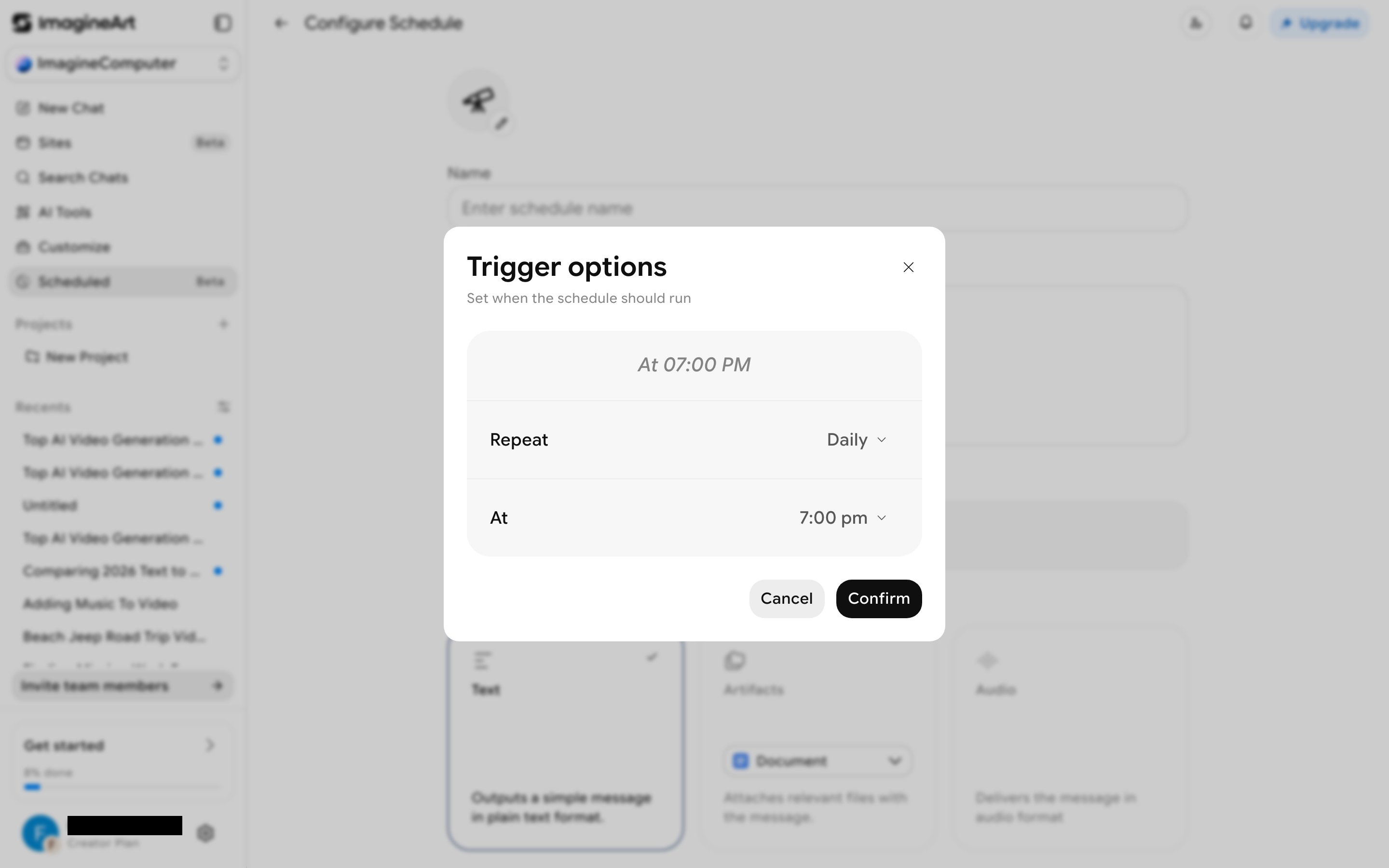 Trigger options dialog with a Repeat frequency dropdown and a time picker