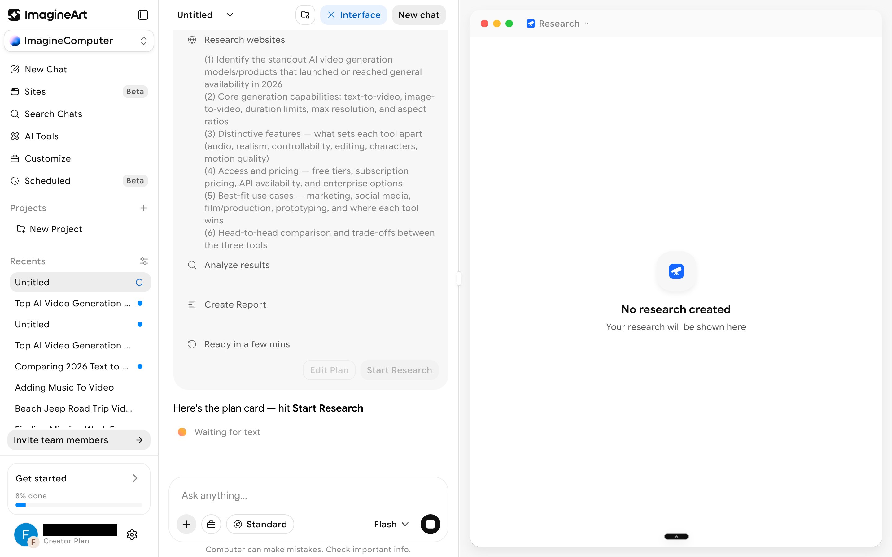 A step-by-step research plan card with Edit Plan and Start Research buttons