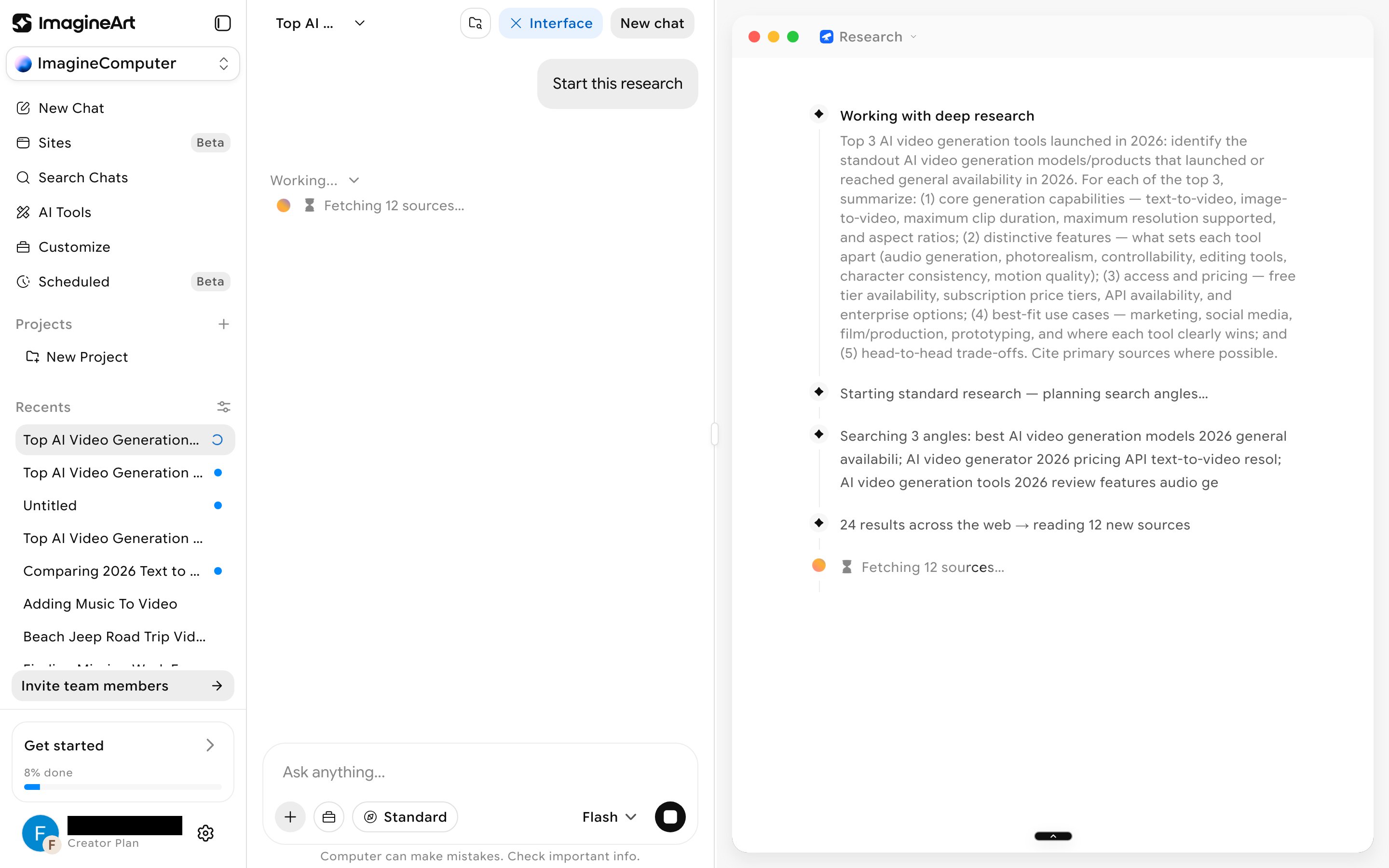 Live two-pane progress view with a timestamped research log on the right and a collapsed chat pane on the left