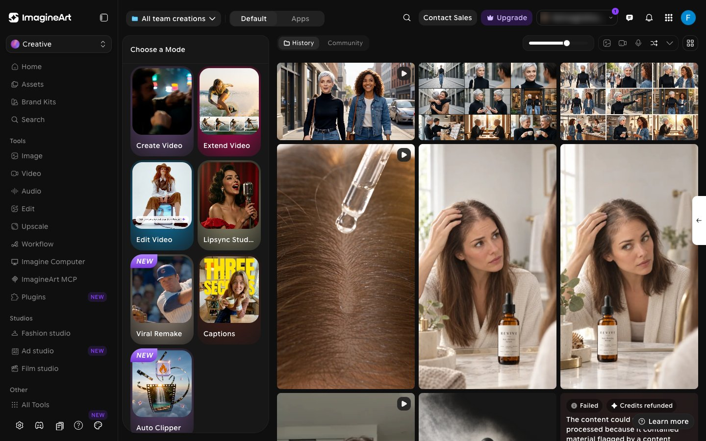 Video Studio Choose a Mode panel with Create Video, Extend Video, Edit Video, Lipsync Studio, Viral Remake, Captions, and Auto Clipper cards