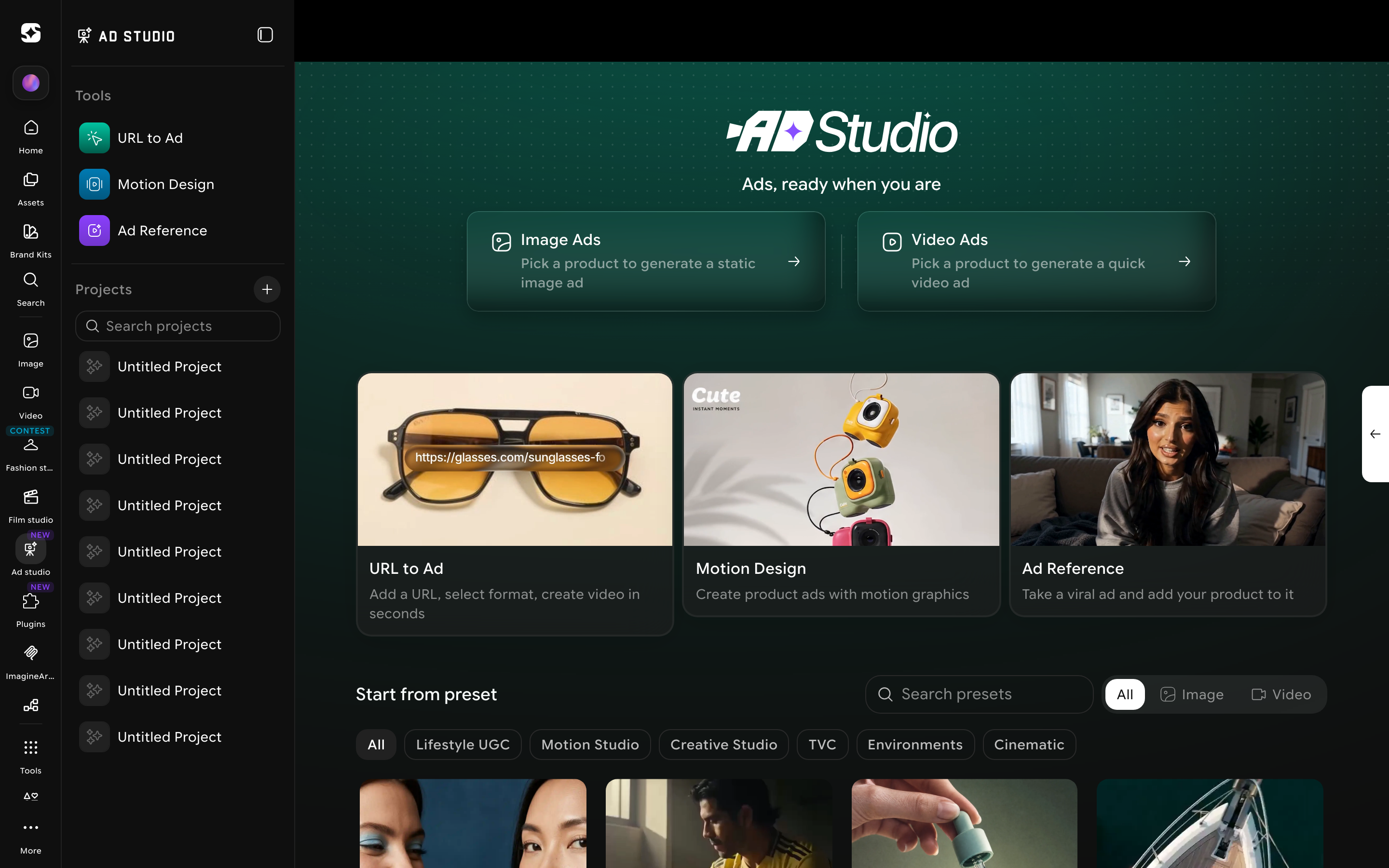 Ad Studio home view with featured format examples and the Tools/Projects sidebar