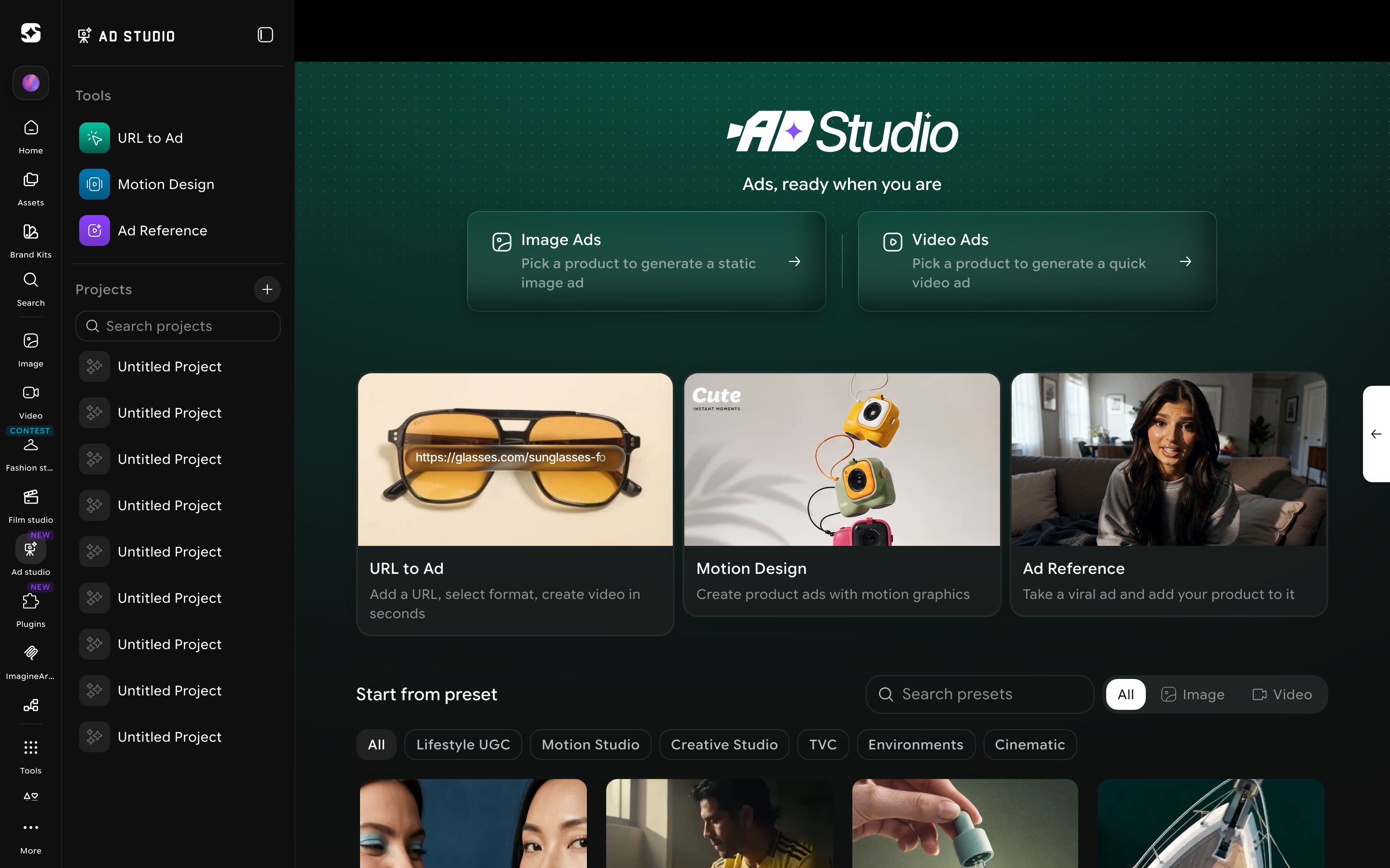 Ad Studio home view with featured format examples and the Tools/Projects sidebar