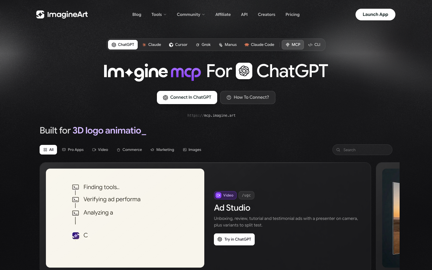 Imagine MCP page with the client picker (ChatGPT, Claude, Cursor, Grok, Manus, Claude Code), MCP and CLI tabs, Connect In ChatGPT and How To Connect? buttons, and the server URL