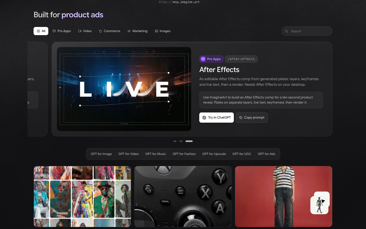 Built for gallery on the Imagine MCP page with filter tabs, a search box, the After Effects card with Try in ChatGPT and Copy prompt buttons, and the GPT for Image to GPT for Ads links