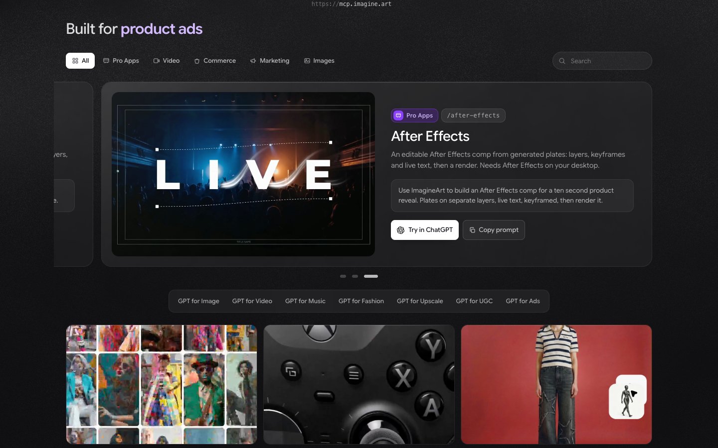 Built for gallery on the Imagine MCP page with filter tabs, a search box, the After Effects card with Try in ChatGPT and Copy prompt buttons, and the GPT for Image to GPT for Ads links