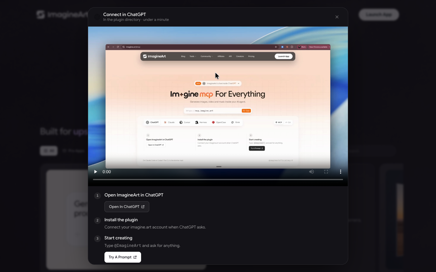 Connect in ChatGPT guide with three steps: Open ImagineArt in ChatGPT, Install the plugin, and Start creating, with Open In ChatGPT and Try A Prompt buttons