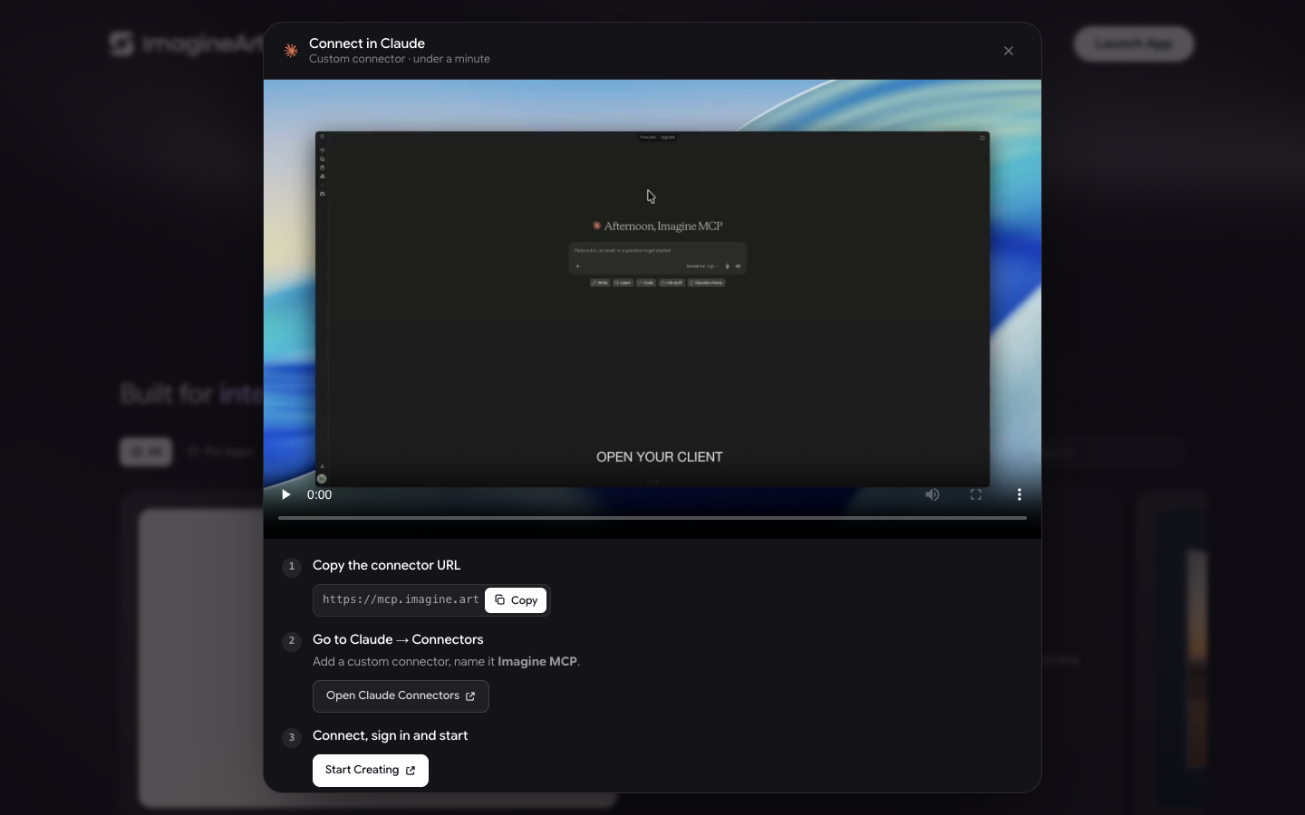 Connect in Claude guide with a setup video and three steps: Copy the connector URL, Go to Claude → Connectors, and Connect, sign in and start