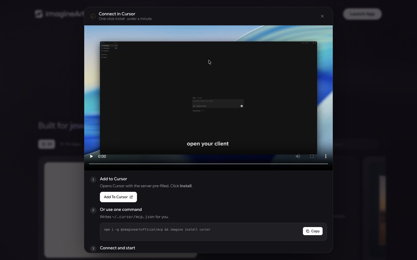 Connect in Cursor guide with a setup video, the Add To Cursor button, and the one-command install with a Copy button