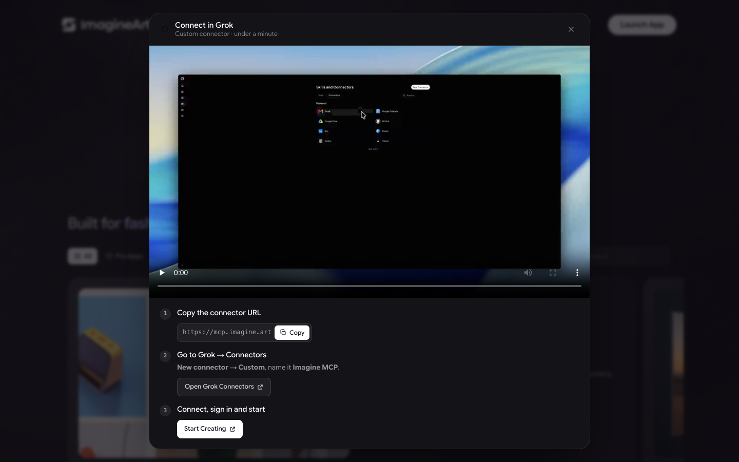Connect in Grok guide with a setup video and three steps: Copy the connector URL, Go to Grok → Connectors, and Connect, sign in and start