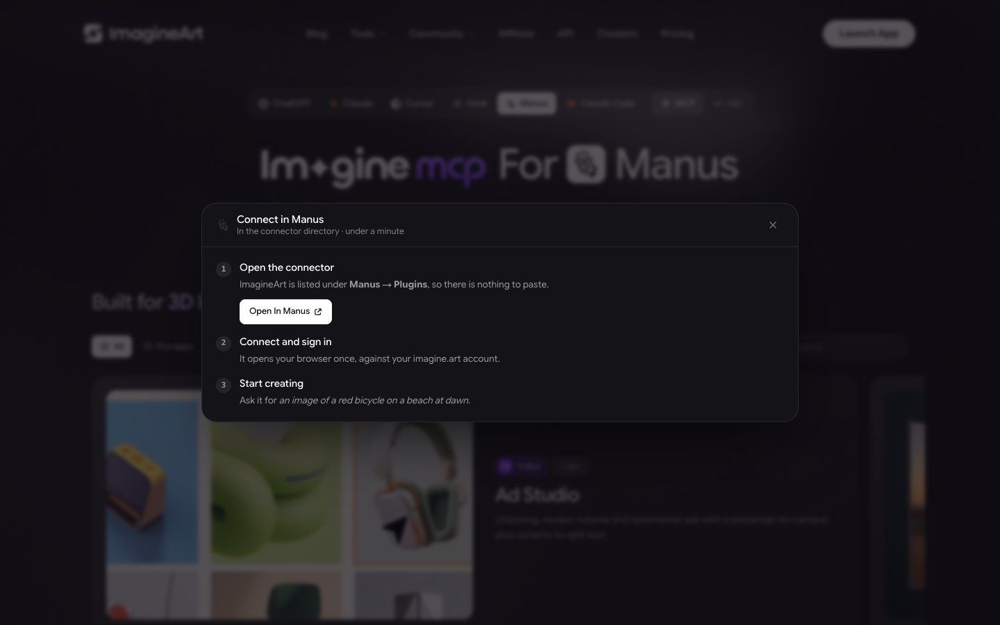 Connect in Manus guide with three steps: Open the connector, Connect and sign in, and Start creating, with an Open In Manus button
