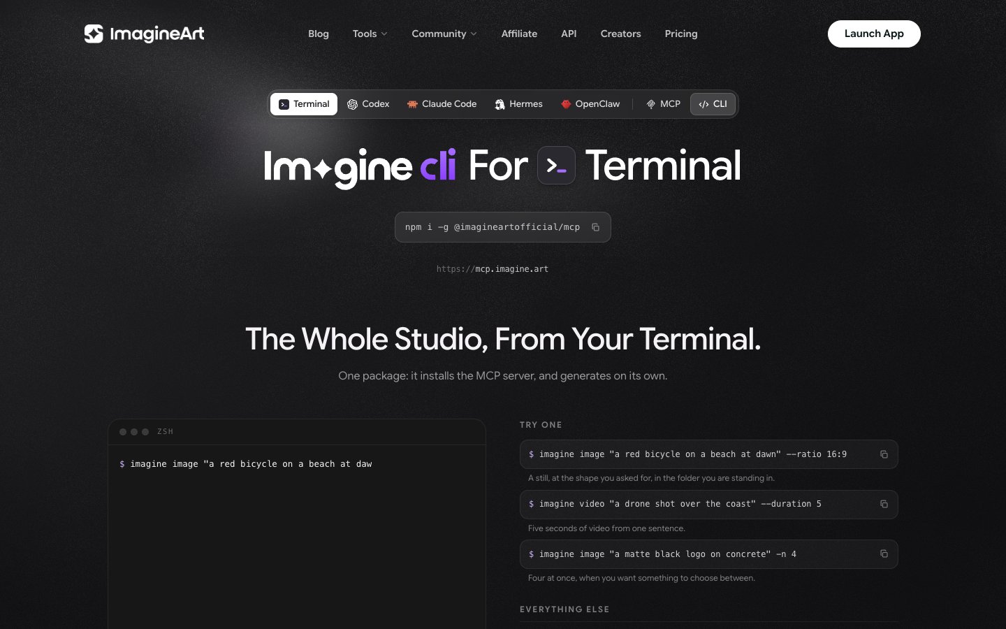 Imagine CLI page for Terminal with the client picker, the npm install command, and example imagine image commands