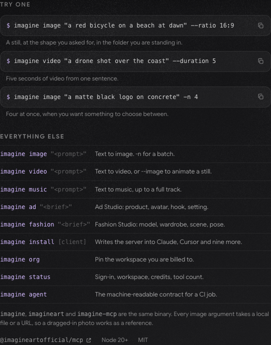 Imagine CLI Try one examples and Everything else command list, from imagine image to imagine agent
