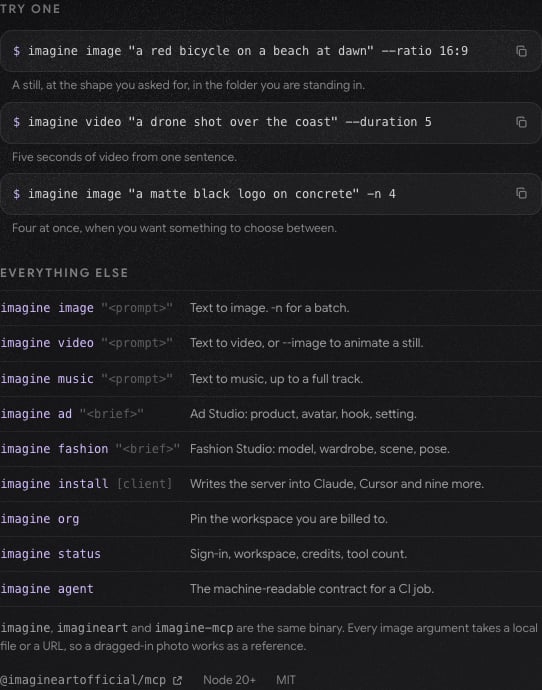 Imagine CLI Try one examples and Everything else command list, from imagine image to imagine agent