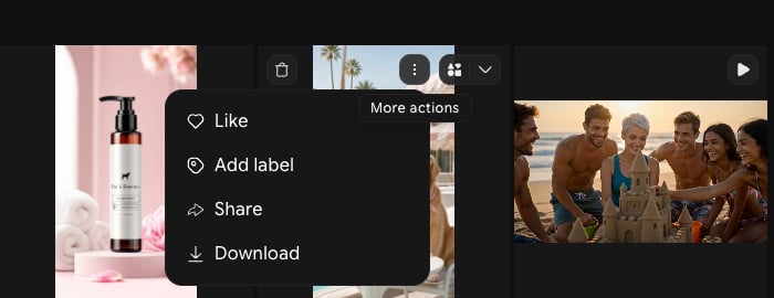 Asset card with the More actions menu open, showing Like, Add label, Share, and Download