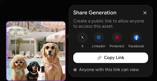 Share Generation panel with X, Linkedin, Pinterest, and Facebook buttons, a Copy Link button, and the note Anyone with this link can view