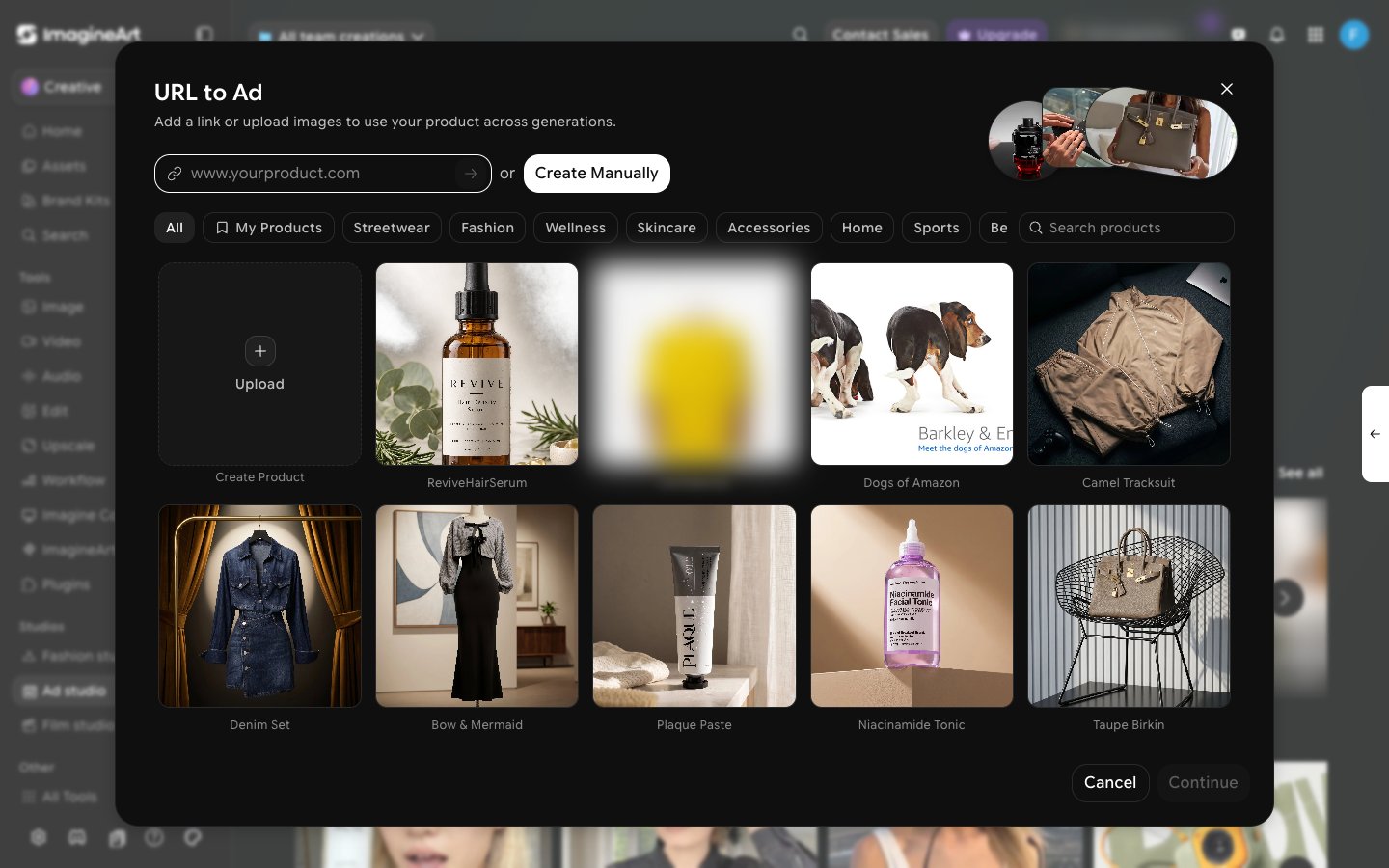 URL to Ad product picker opened from the Ad Studio home, with a URL field, Create Manually, category filters, and a grid of products