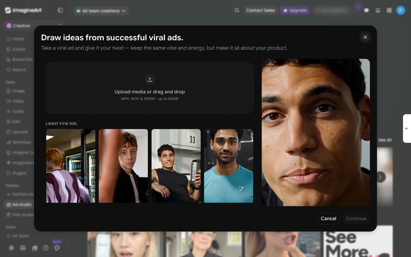 Ad Reference dialog for uploading a viral ad video or picking one from Latest Viral Ads to remix with your own product