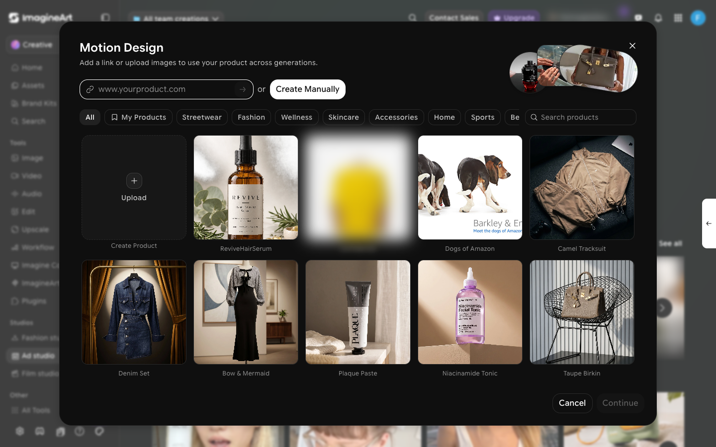Motion Design product picker opened from the Ad Studio home, the same component URL to Ad uses, with a URL field, category filters, and existing products