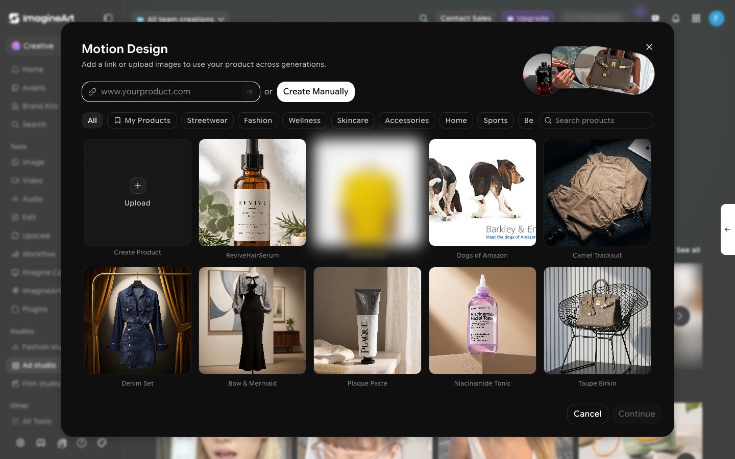 Motion Design product picker opened from the Ad Studio home, the same component URL to Ad uses, with a URL field, category filters, and existing products