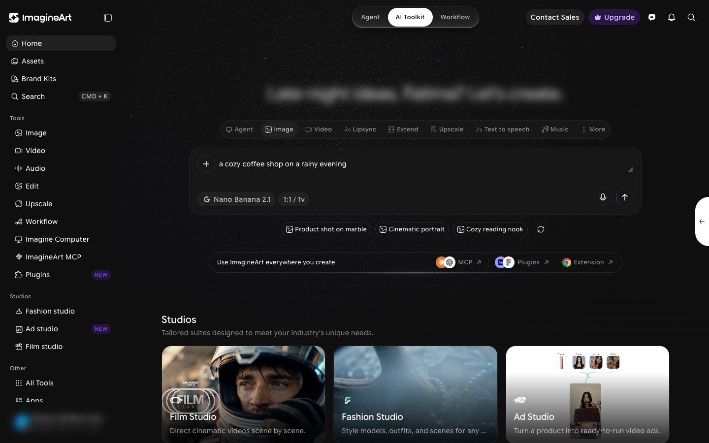 ImagineArt home page with the left sidebar, the prompt box with tool tabs, and the Studios section with Film Studio, Fashion Studio, and Ad Studio cards