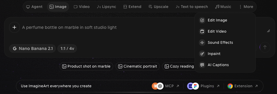 Home page prompt box with the Image tab selected and the More menu open, listing Edit Image, Edit Video, Sound Effects, Inpaint, and AI Captions